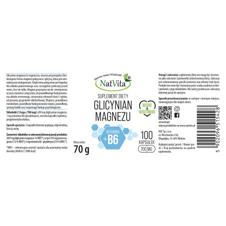 Glicynian magnezu + witamina B6 kapsułki 700mg - zdjęcie produktu