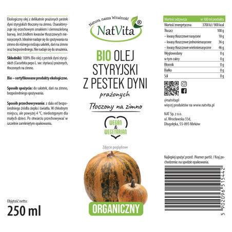 Olej Styryjski z Pestek Dyni BIO zimnotłoczony - zdjęcie produktu