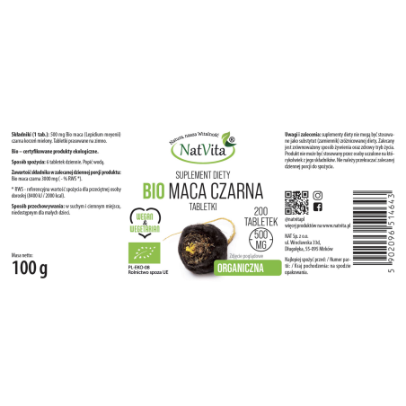 Maca BIO czarna tabletki 500mg - zdjęcie produktu