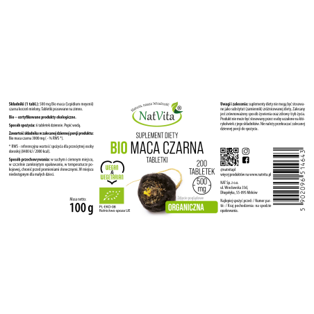 Maca BIO czarna tabletki 500mg - zdjęcie produktu