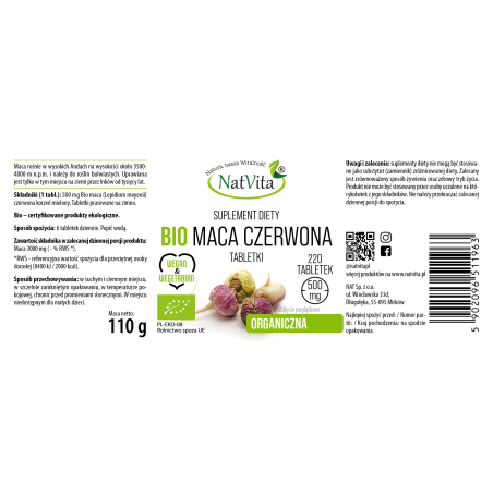 Maca BIO czerwona tabletki 500mg - zdjęcie produktu