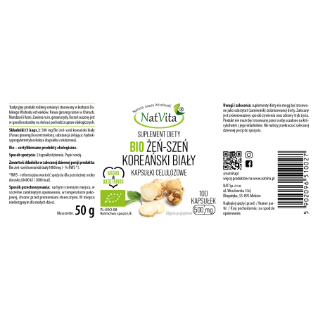 Żeń-Szeń koreański biały BIO kapsułki 500mg - zdjęcie produktu