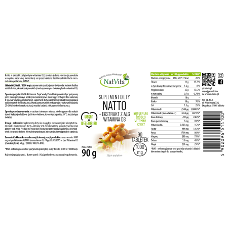 Natto wit. K2 MK7 + ekstrakt z alg wit. D3 tableki 1000mg - zdjęcie produktu